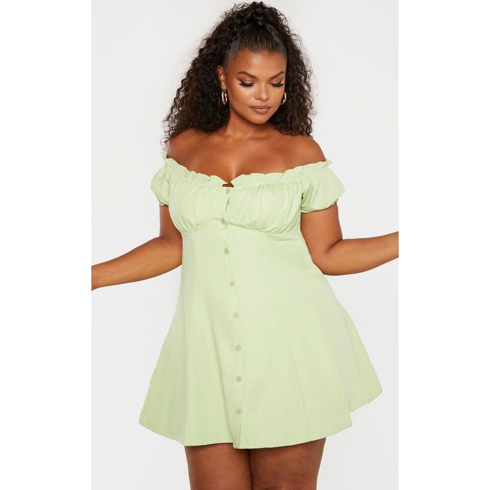 Plus Sage Green Button Front Puff Sleeve Shift Dress Size 18